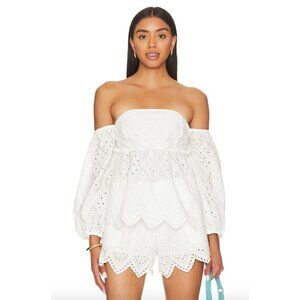 MISA Los Angeles Sera Off The Shoulder Scalloped Eyelet Top White Womens Size M